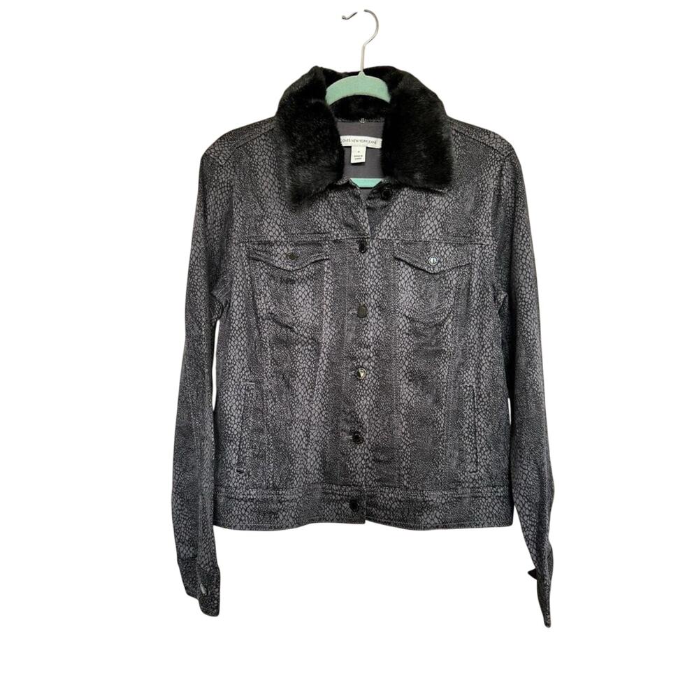 Jones New York Snakeskin Trucker Jacket Faux Fur Collar Small Grey Black Y2K